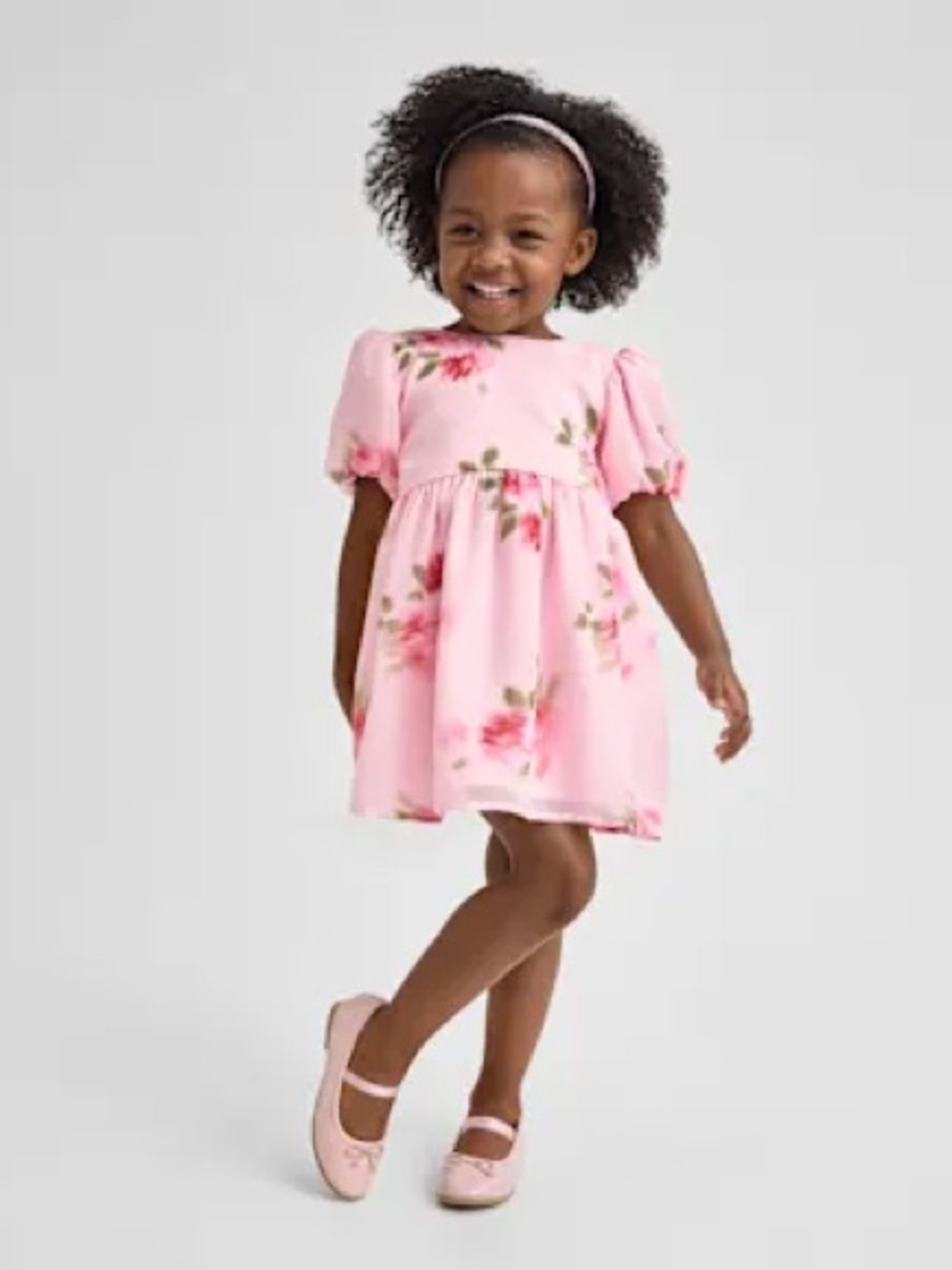 The Children's Place Pink Floral Puff-Sleeve Dress with Green Leaf Accents
